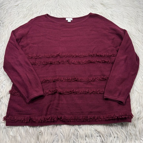 J. Jill Women's XS Relaxed Burgundy Fringe Stripe Pullover Sweater Boho Cotton - Picture 1 of 6